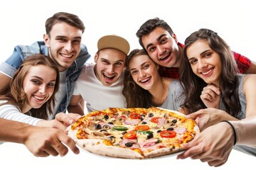 Happy group enjoying diverse pizza slices at a social party