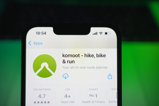 Roosendaal, The Netherlands - August 09, 2025: A smartphone displaying the logo of Komoot in the App Store.