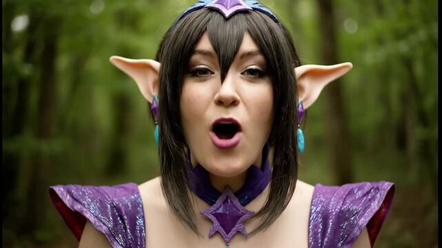 A beautiful woman in an elaborate purple elf cosplay with long pointed ears and a tiara sings or casts a spell in an enchanted forest