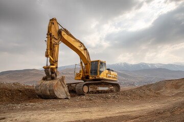 An excavator is actively digging at a construction site in a mountainous area. The landscape features rocky terrain and distant snow-capped peaks under a cloudy sky