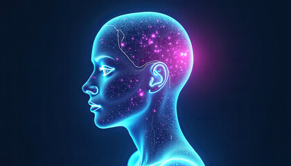 Neon-lit AI bust in glowing blue and pink, a futuristic holographic human head sculpture with cosmic details.