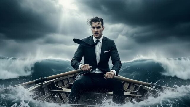 A determined businessman in a suit bravely rows a small boat through a dramatic and stormy sea a powerful metaphor for overcoming business challenges and adversity