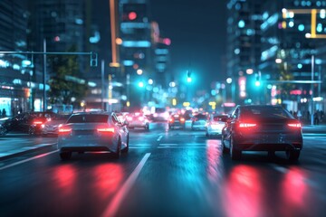Naklejka premium Bright neon lights reflect off wet pavement as cars navigate through a bustling urban street at night, showcasing the energy of city life and movement