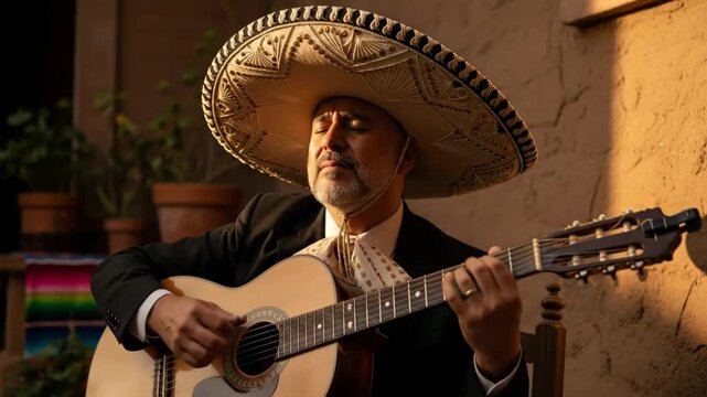 A mariachi musician wearing a traditional charro suit and a large sombrero plays a heartfelt song on his acoustic guitar in the warm afternoon sun