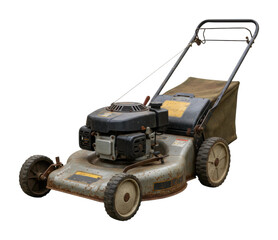 Fototapeta premium Lawn care action with a mowing machine in a residential garden setting focused on outdoor maintenance. Cut out png