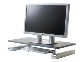 Computer monitor on an ergonomic stand with keyboard, isolated on transparent background