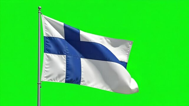 Dynamic Finnish flag waves proudly against vibrant green screen, perfect for national themes