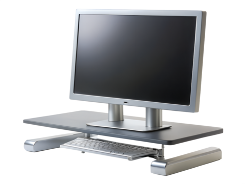 Computer monitor on an ergonomic stand with keyboard, isolated on transparent background