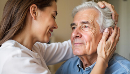 Woman caring for elderly man with gentle touch at home  