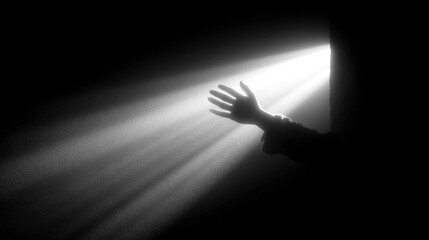 A single hand reaches gracefully into a narrow beam of light cutting through darkness, captured in striking black and white. Minimalist and surreal, with dramatic chiaroscuro lighting and a cinematic,