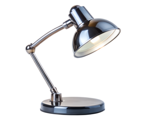Shiny chrome adjustable desk lamp with articulated arm isolated on transparent background