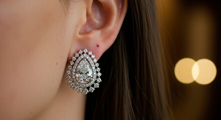 A persons ear with a large teardropshaped diamond earring set in a halo of smaller diamonds