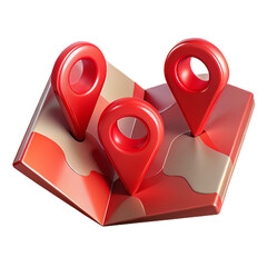 Glossy Plastic 3D Folded Map Icon with Vibrant Red Location Pins and Subtle Shadows on Transparent Background
