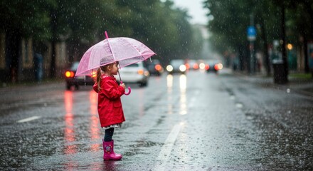 A young girl in a red raincoat and pink boots stands in the rain holding a pink umbrella in the middle of a wet city street