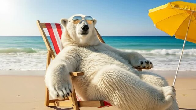 A funny polar bear wearing sunglasses relaxes on a beach chair under a yellow umbrella enjoying a tropical vacation a surreal concept about climate change