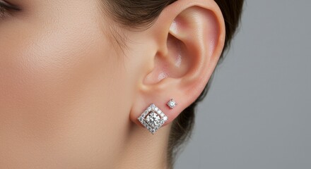 Closeup of ear with two diamond earrings a square cluster and a stud on a person with fair skin and dark hair