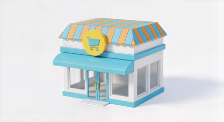 Stylized 3D Miniature Shop with Shopping Cart Icon