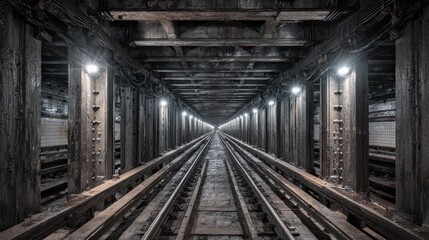 Obraz premium Underground train tunnel, dark, long perspective, railway tracks, city transit