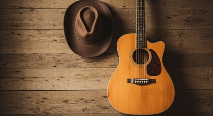 Guitar and hat on wood A guitar stands next to a hat on a weathered wooden surface