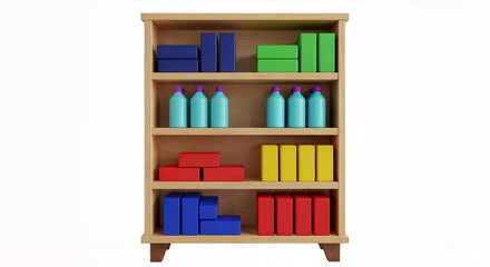Organized Wooden Shelf with Colorful Products
