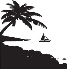 Silhouette of a tropical beach scene with palm tree and sailboat