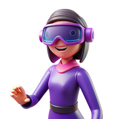 Purple Glossy Plastic 3D Female Character with Virtual Headset and Expressive Stance on Transparent Background