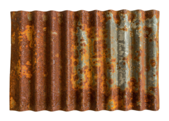 Rusty corrugated metal sheet abandoned site photograph industrial environment textured aged surfaces. Cut out png