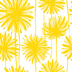 Seamless bright yellow floral vector vintage retro style. Fabric with a sunny pattern of inflorescences and handmade petals For decorating elements decor textiles postcards printing white background