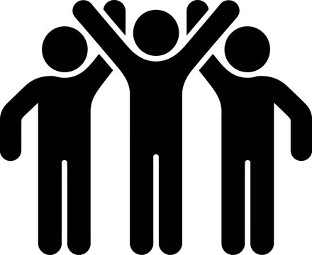 Three people celebrating with arms raised in victory