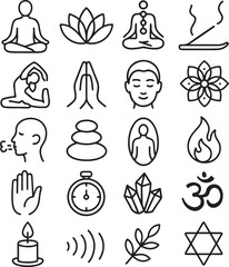Collection of hand drawn icons representing yoga meditation spirituality and wellness