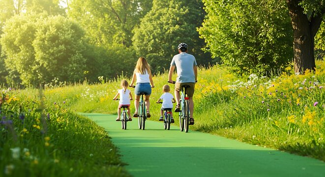 Active family with children enjoying a bicycle ride on a path through a lush green park - Powered by Adobe
