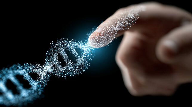 Futuristic holographic DNA double helix model being edited by an AI cursor interface. Neon light effects, 3D biotechnology visualization, and advanced digital genetics concept in a vertical format.

 - Powered by Adobe