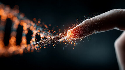 Futuristic holographic DNA double helix model being edited by an AI cursor interface. Neon light effects, 3D biotechnology visualization, and advanced digital genetics concept in a vertical format.

