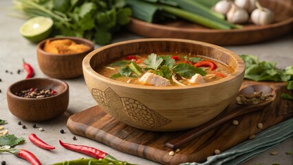 Buddha jumps over the wall soup served in a wooden bowl with fresh ingredients arranged around it