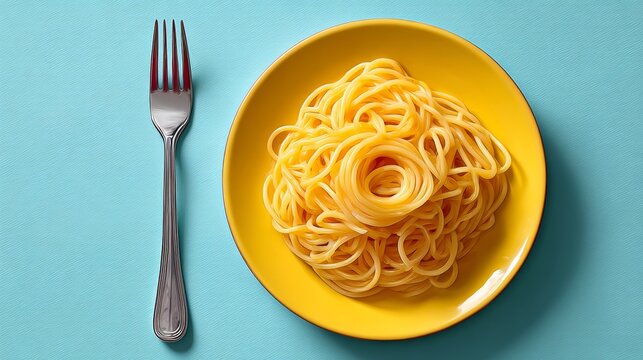 Fork is on a yellow plate with spaghetti on it. The plate is on a blue table