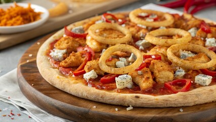 Delicious buffalo chicken pizza topped with crunchy onion rings and blue cheese, served on a wooden board
