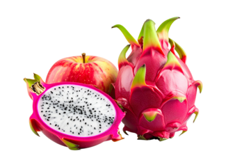 Fresh red dragon fruit and apple isolated on transparent background