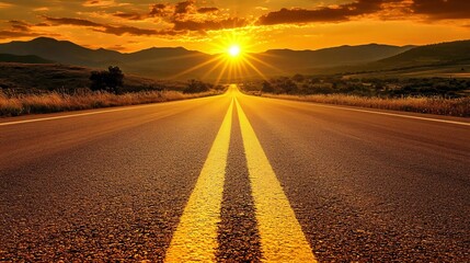 scenic empty road stretching toward distant mountains with vibrant sunset skies, illuminated by golden sunlight and yellow road markings, creating a serene and peaceful travel destination