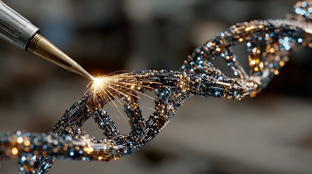 Futuristic holographic DNA double helix model being edited by an AI cursor interface. Neon light effects, 3D biotechnology visualization, and advanced digital genetics concept in a vertical format.

