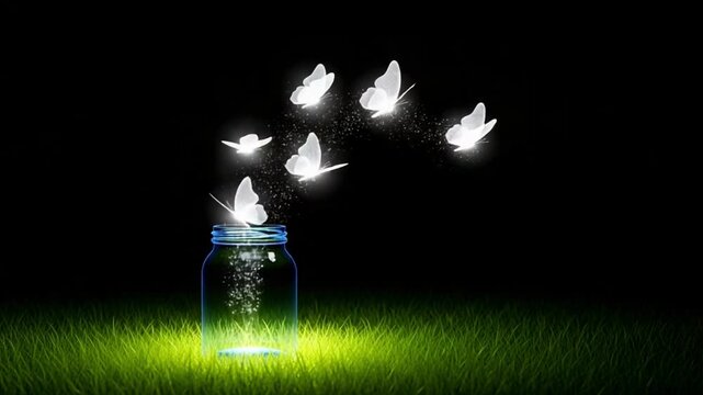 Glowing butterflies escaping from a jar on grass in a dark background with sparkles around them