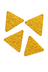 Four Golden Tortilla Chips Arranged in a Dynamic Pattern, Isolated on a Stark Black Background