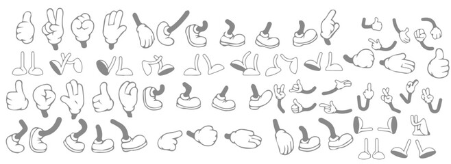 Retro cartoon legs and hands. Vintage hand, foot and f. Hands with gloves and feet with boots, various poses for characters, a set of poses, gestures, placement of hands and feet. Body parts mascot