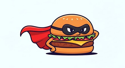 A fun and simple vector illustration of a hamburger dressed as a superhero, complete with a tiny red cape and a determined expression. The style is clean, colorful, and playful, on a simple,