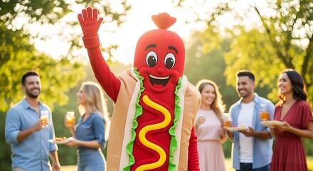: A lively and cheerful photo of a person dressed as a detailed, smiling hot dog mascot, enthusiastically waving at a camera during an outdoor barbecue. The background is filled with blurry