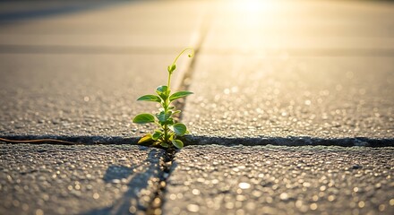 A serene and poetic photo of a single, small green plant with a new sprout, growing determinedly from a crack in a concrete sidewalk. The sun is shining brightly on the plant, symbolizing resilience
