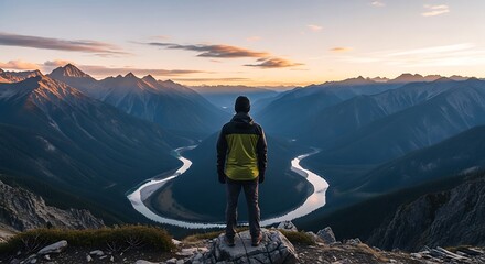 A breathtaking, wide-angle shot of a solitary person standing at a viewpoint, overlooking a majestic mountain range and a winding river. The morning light bathes the scene in a soft glow.