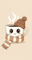 A charming, minimalistic illustration of a coffee cup with big, friendly eyes, wearing a small striped scarf and a cozy hat. The cup is steaming gently, conveying a feeling of warmth and comfort.
