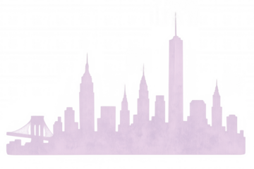 Light purple watercolor silhouette of new york city skyline, featuring famous landmarks, isolated on transparent background