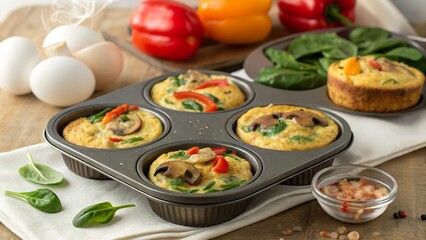Homemade egg muffins baked in muffin tins with fresh vegetables and herbs on a wooden kitchen countertop
