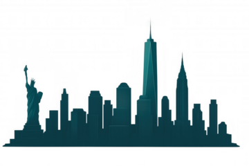 New york city skyline, featuring the statue of liberty and one world trade center, creates a striking silhouette against a transparent background